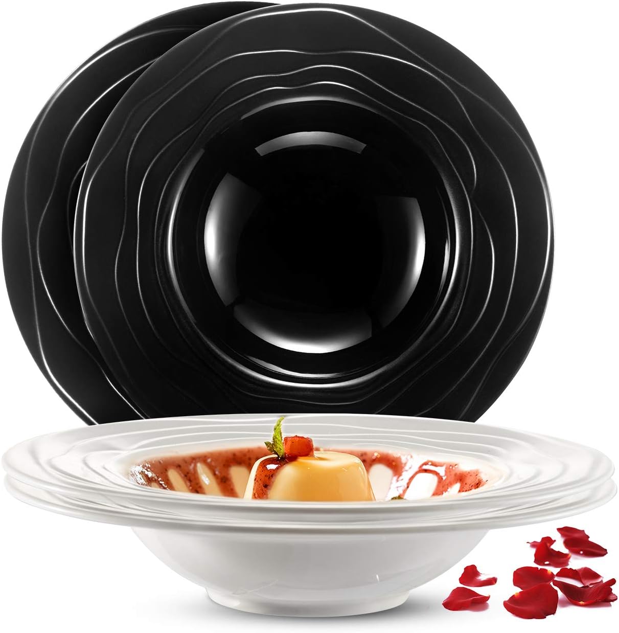 MMAX Durable Ceramic Dinner Plate Sets Plates, Bowls, Mugs, 4 Piece (Black+White