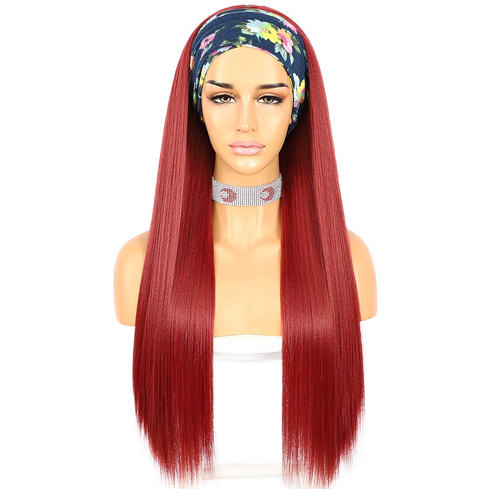 Sapphirewigs Straight Headband Wigs for Women Red Synthetic Glueless Light Yaki Headband Wig Heat Resistant 26 inch