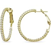 Sterling Silver Cubic Zirconia Round Thin Inside-Out Clutchless Hoop Earrings