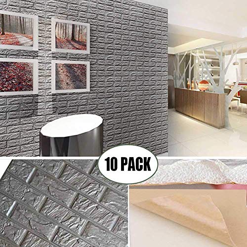 POPPAP 3D Foam Wall Panels Grey Color Peel and Stick Brick Wallpaper Self-Adhesive Removable for TV Walls, Background Wall Decor 10PCS