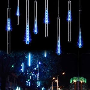 OMGAI Waterproof Meteor Shower Rain Lights 30cm 8 Tubes Drop Icicle Snow Falling Raindrop Cascading Lights for Wedding Party Christmas Shine Blue