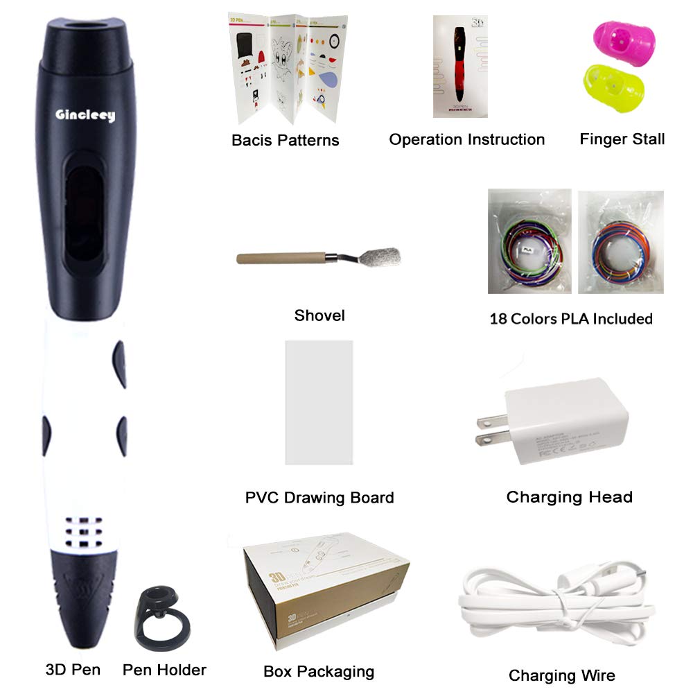 Gincleey 3D Pen，3D Printing Pen for Kids, 3D Drawing Pen with 18 Colors,6 Colors Glow,1.75mm PLA Filament Refills,Temperature Control,Non-Clogging and Easy to Use-White