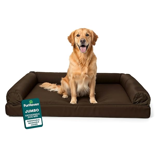 FURHAVEN ORTHOPEDIC DOG BED FOR LARGE DOGS W/ REMOVABLE BOLSTERS & WASHABLE COVER, FOR DOGS UP TO 95 LBS – PLUSH & SUEDE SOFA – ESPRESSO, JUMBO/XL