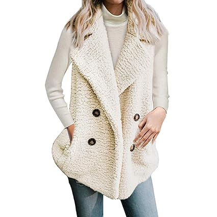 Dorical Herbst Winter Weste Damen Lange Kunstpelz Weste Reverskragen Zweireiher Cardigan Ärmellos Jacke Mantel mit Taschen S-