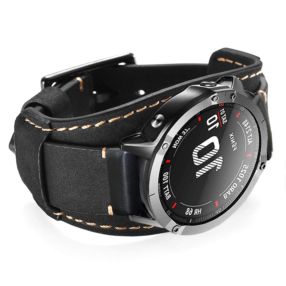 Leotop Leather Bands Compatible with Garmin Fenix 5/Fenix 6/Forerunner 935/Approach S60/Quatix 5 Smartwatch, 22mm Quick Fit Genuine Leather Cuff Band Replacement Strap (Black) — image 1