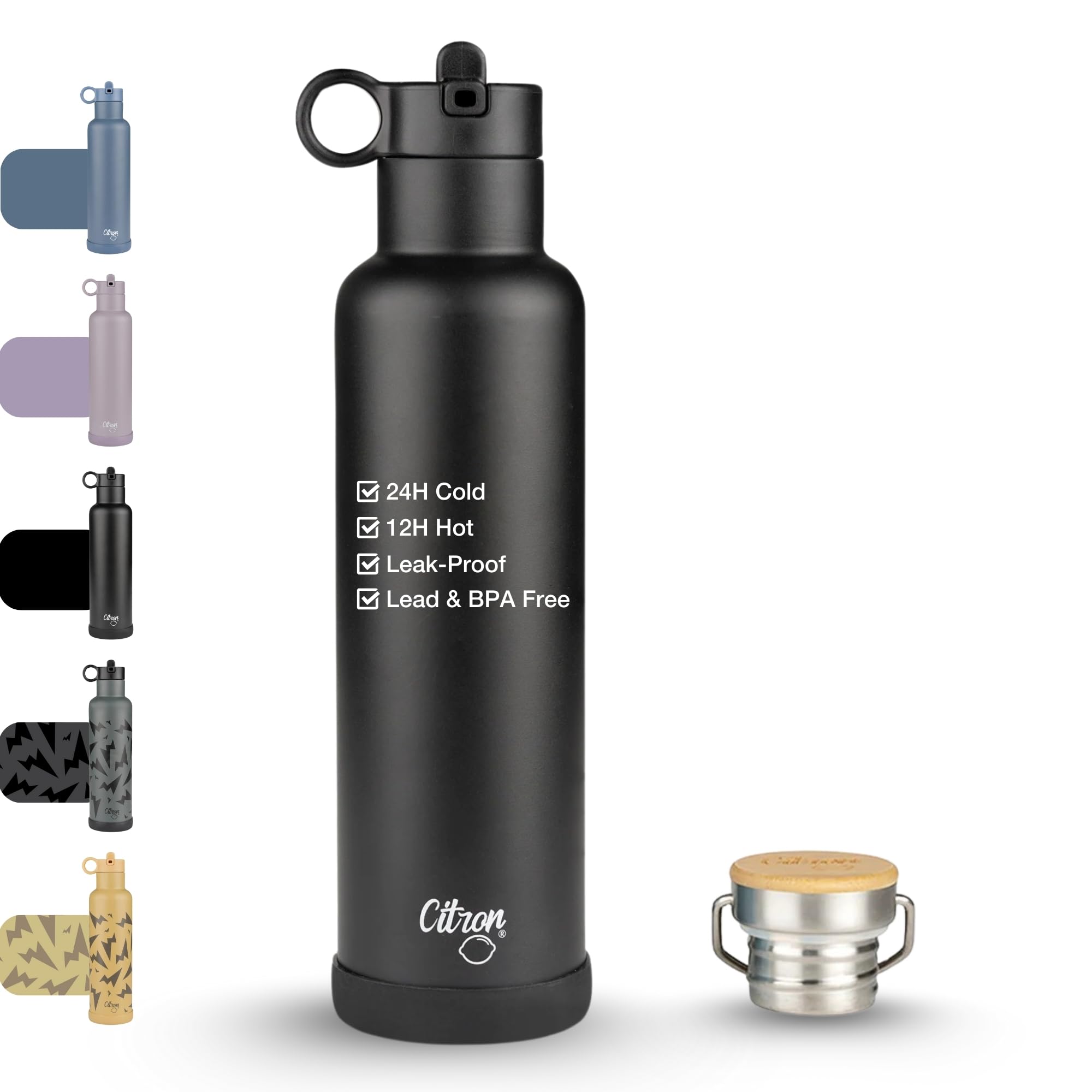 Citron Insulated Water Bottle Stainless Steel, Black – 750ml, BPA & Lead-Free, Leak Proof Straw/Flask Lids – Keeps Liquids Cold for 24 Hours & Hot for 12 Hours - 25.36 oz — image 1