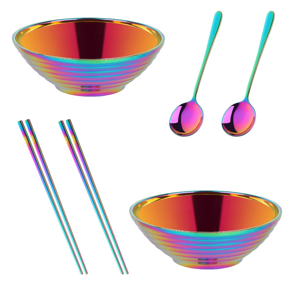 Buyer Star Japanese Stainless Steel Ramen Bowl Set, 2 Sets (6 Pieces) Noodle Bowls, Equipped with Matching Spoons and Chopsticks, can Hold Soup, Salad, Spaghetti and Mixed Fruit (Rainbow Color)