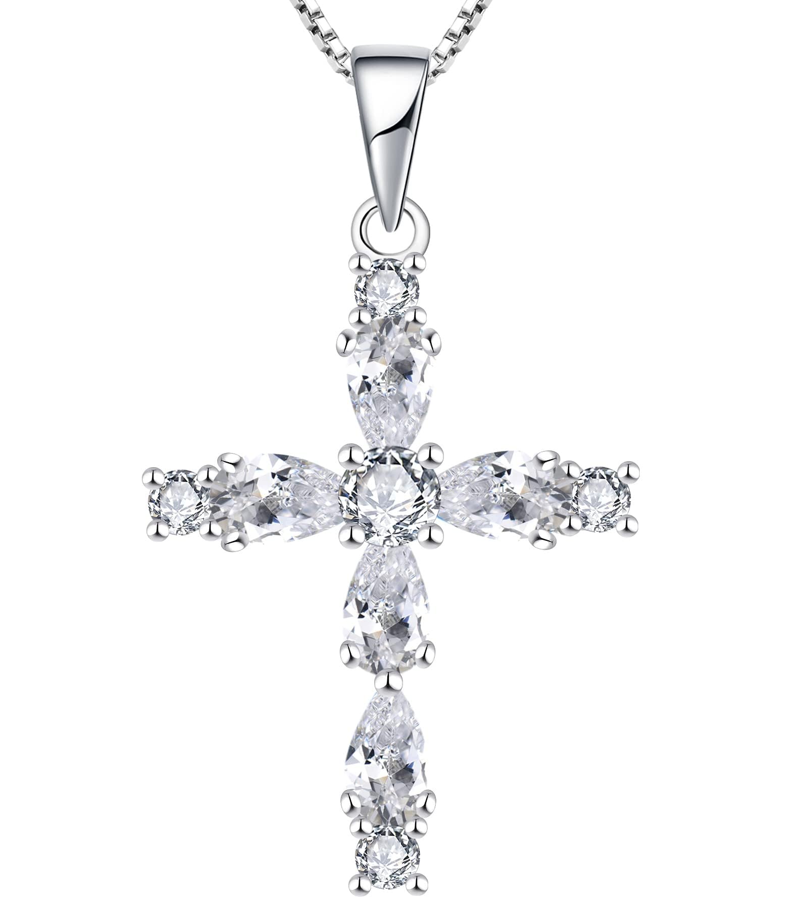 YL Cross Necklace 925 Sterling Silver April Birthstone White Cubic Zirconia Crucifix Pendant Necklace Gifts for Mum Women, 45-48 CM