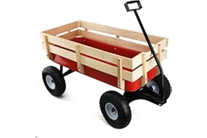 HDYEGIOU Pull Along Wagon Heavy Duty All-Terrain Cargo Wagon Outdoor Cart with Removable Wooden Side Panels,Big Tires and Wide Grip Handle for Towing Toys,Garden Tools,33x15.7x19.6 Inches