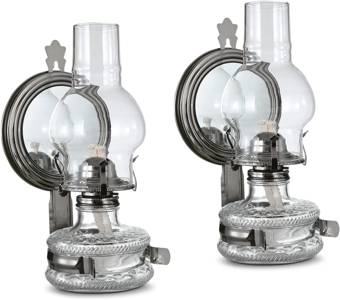 Oil Lamps & Accessories - DNRVK 2 Pieces Large Wall Oil Lamp Vintage Glass Kerosene Lamp 7/8 Wick Decorative Wall Mounted Oil Lamps for Indoor Use Emergency Lighting Hurricane Lamp with Mirror Chamber Oil Lantern