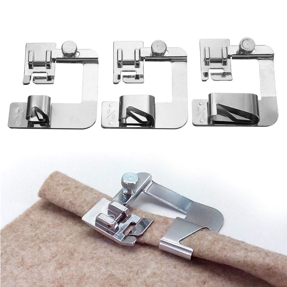 YEQIN 3 Pcs Adjustable Rolled Hem Foot (1 Inch, 1/2 Inch, 3/4 Inch) Sewing Machine Presser Foot Hemmer Foot Set For Singer Brother Janome Babylock Juki