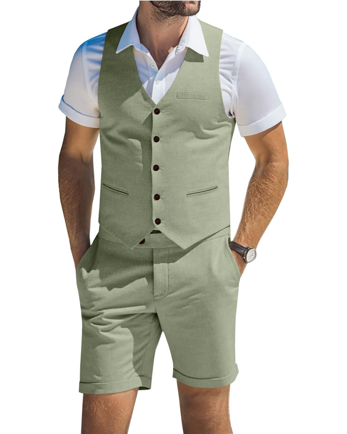 Photo 1 of Diaryan Linen Suits for Men Green 2 Piece Vests Short Pants Mens Suit Casual Summer Beach Groomsmen Wedding Waistcoat Set Outfit L