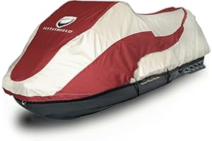EliteShield Trailerable Jet Ski Cover, Heavy Duty Waterproof Marine Grade 600D Solution-Dyed Polyester PWC Cover, Fits from 136" to 145" 3 Seater, Two Tone Red/Gray Color