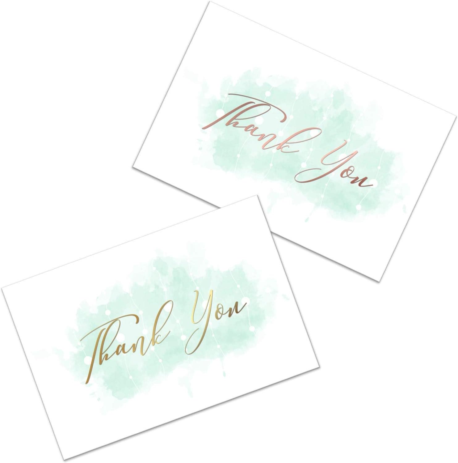 Thank You Cards Set of 100, Gold & Rose Gold Foil Letterpress on Blue Watercolor Backdrop – 4x6 Folded Blank Cards, Envelopes Plus Stickers – Perfect for Baby/Bridal Showers, and Weddings