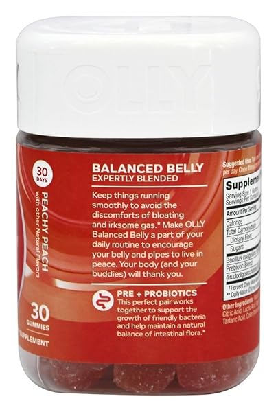 OLLY PROBIOTIC + PREBIOTIC GUMMY, DIGESTIVE SUPPORT AND GUT HEALTH, 500 MILLION CFUS, FIBER, ADULT CHEWABLE SUPPLEMENT FOR MEN AND WOMEN, PEACH, 30 DAY SUPPLY – 30 COUNT