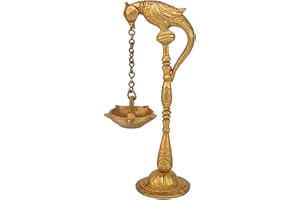 PARIJAT HANDICRAFT Five-wick peacock hanging oil lamp with stand - brass statue