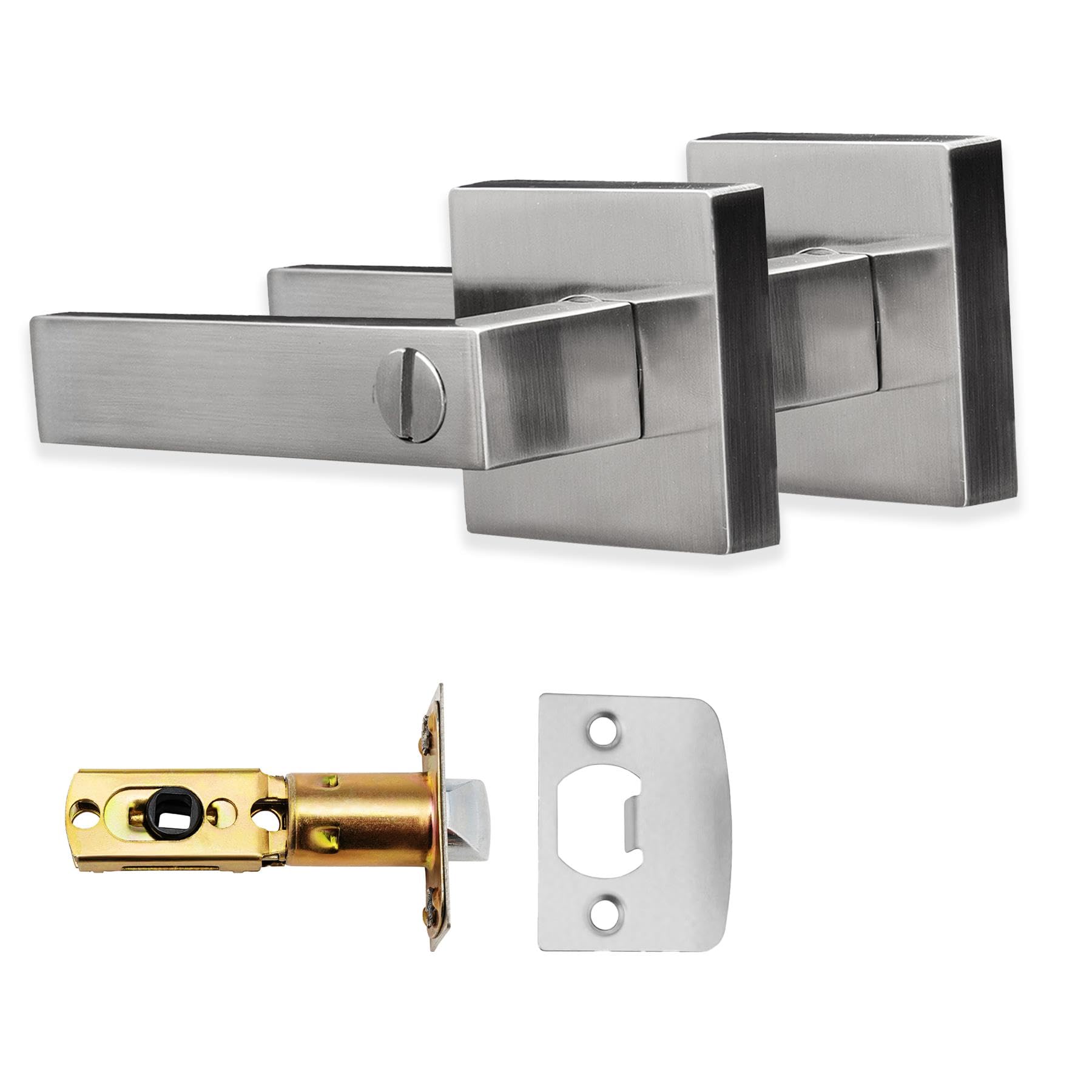 XFORT Quad Privacy Knob Set Satin Chrome, Keyless Door Knob with Lock for Internal Wooden Bathroom Doors, Complete Set with Tubular Latch