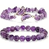 NKTDWO 2-Pack Purple Butterfly Healing Bracelets Women, Stretch Crystal Bead Charm Jewelry Gift, 8mm Natural Gemstone Boho Bracelet Butterfly Pendant