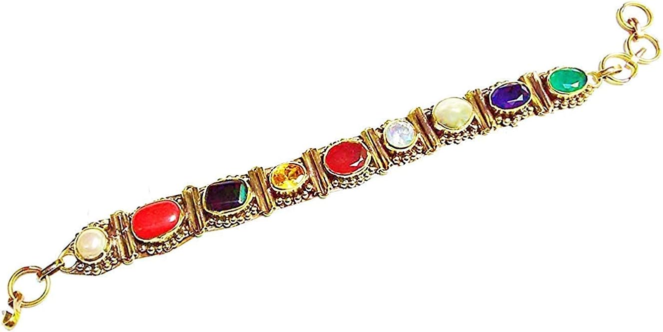 Krishna Decorative Shop Navaratna Multi-Coloured Semi Precious Stone Bracelet Gemstone Pendant in Astdhatu/Golden Finishing for Men and Women