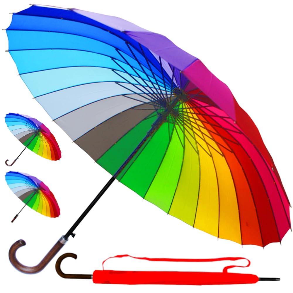 60MPH StormDefender 24 Rib Large Strong Windproof Rainbow Umbrella - Extra Strong - XL Big Colourful Umbrella for Adults - Automatic - Reinforced Frame with Fiberglass - Wood Hook Handle - Men Women