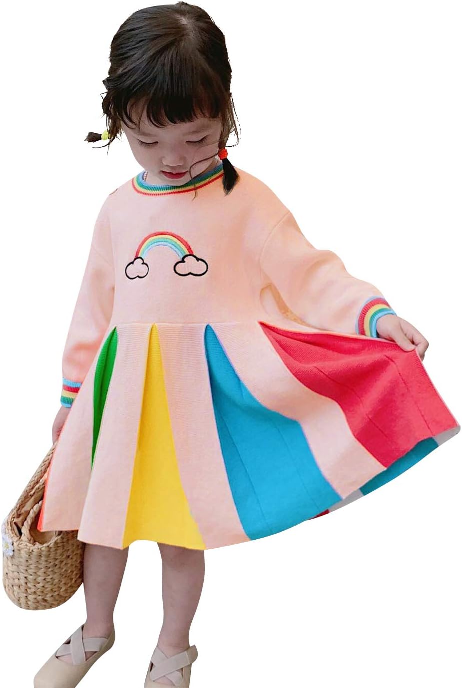 Toddler Baby Girls Colorful Rainbow Dress Embroidery Printed Ruffle Dress Outfits Long Sleeve Cotton Skirt Girl Clothes