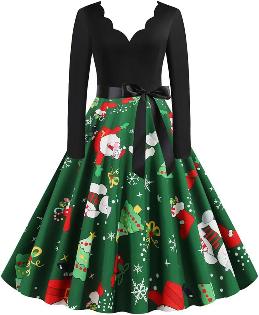 Vintage Ball Gown Wavy Christmas Dress Long Sleeve Cocktail Dress for Woman 1950's Housewife Evening Dress