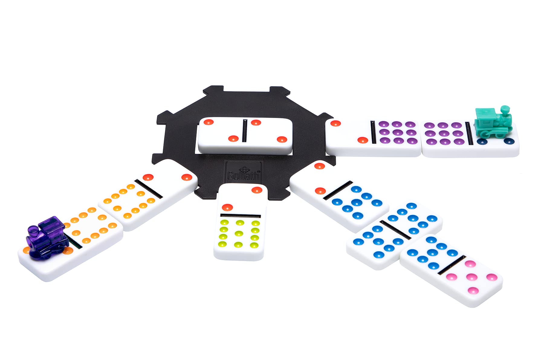 Mexican Train Dominoes - Beautiful Color Dot Double 12 Dominoes Set - Includes Train Markers and Hub by Pressman Multi Color, 5
