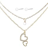 Esitrormi Heart Necklace for Women Handmade Gold Plated Layered Necklace Pearl Love Heart Pendant Necklace for Girlfriend Charm Dainty LongGold Chain with Pearl Earrings