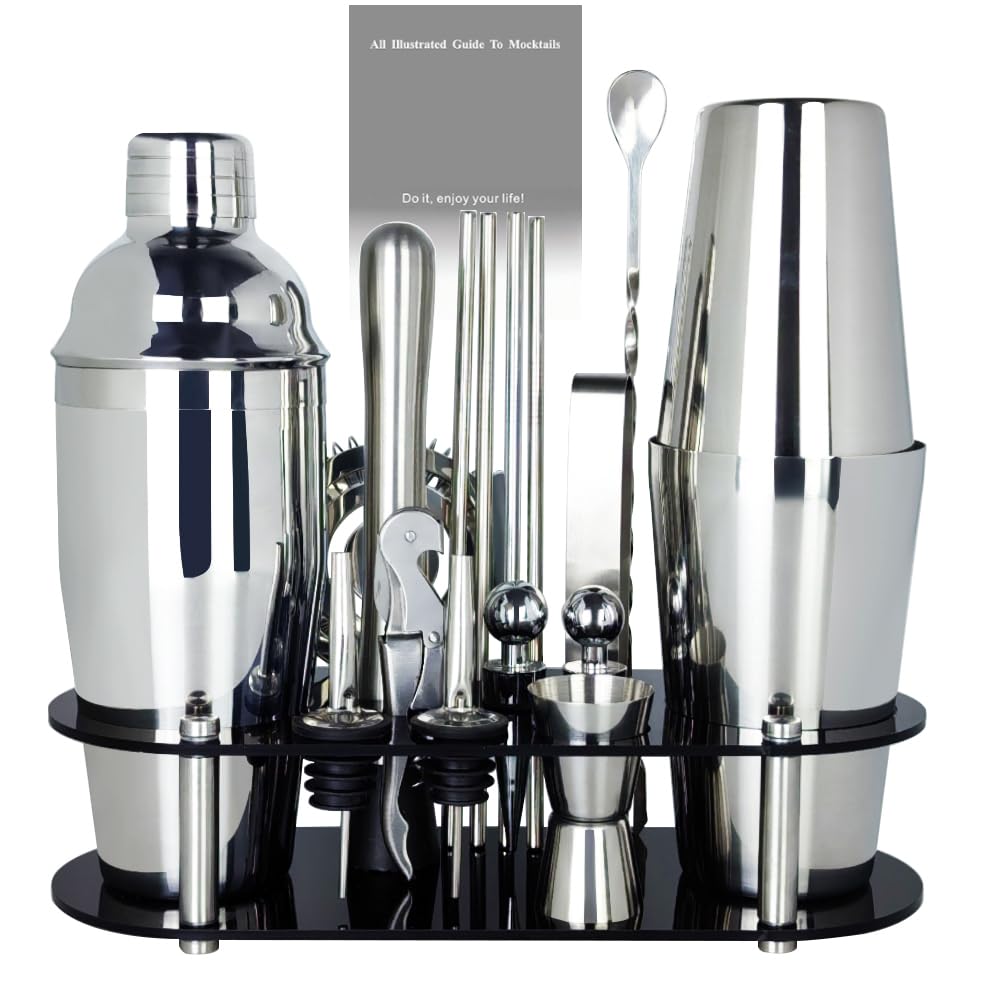 Photo 1 of 17Pcs Cocktail Shaker Set 750ml, 750/600ml Bartending Kit 25oz, 25/20oz Bar Shakers Tools Bartender Kit with Recipe Book Black Stand