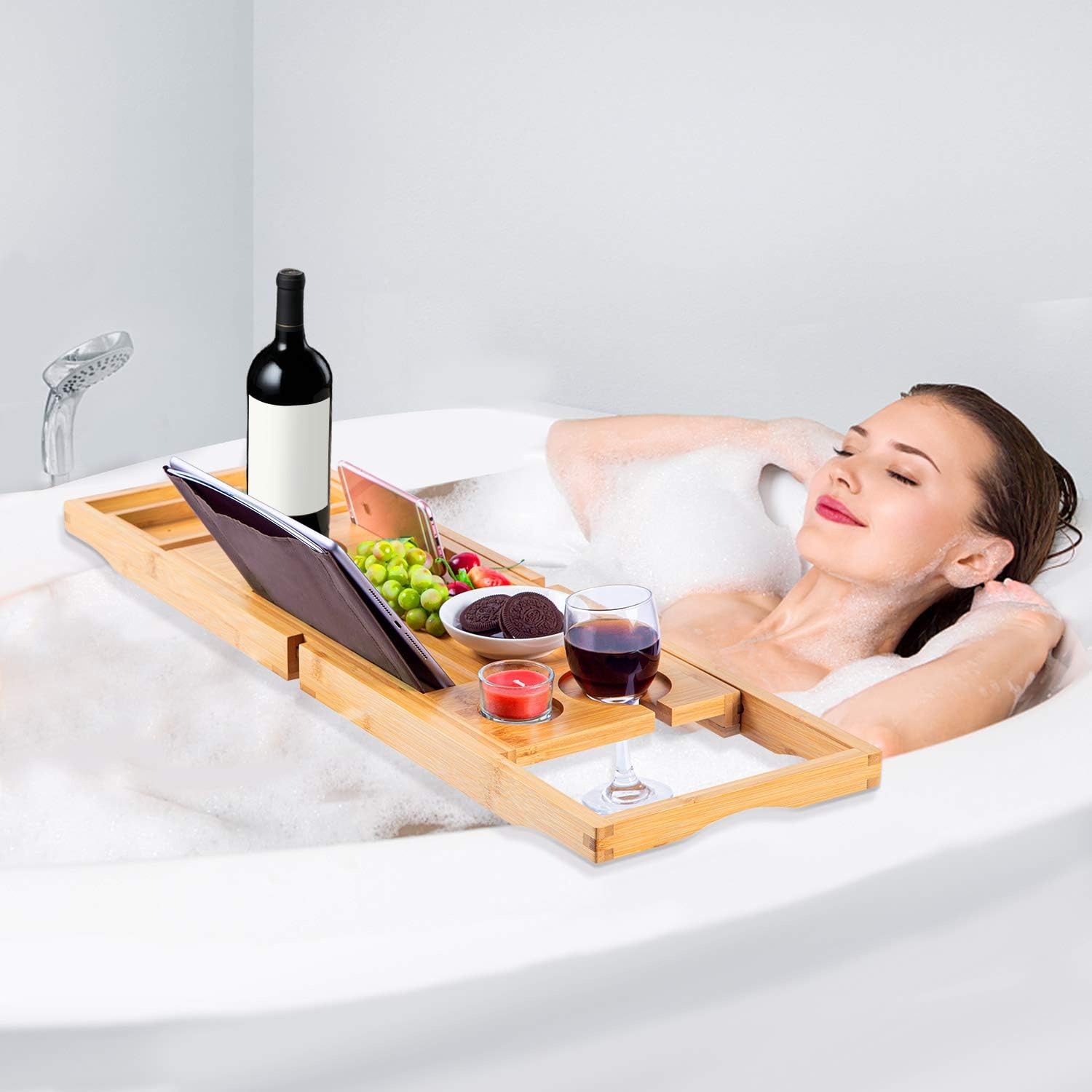Bamboo Bathtub Caddy Tray, Expandable Bath Tray for Tub with Upgraded Wine Slots and Book Holder - Ideal for One or Two Person Use: Kitchen & Dining