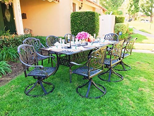 Elise Cast Aluminum Patio 9 Piece Dining Set - 84" Table and 8 Swivel Rockers - SUNBRELLA Cushions