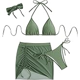 SEGT Women's 4 Piece Polka Dots Bikini Sets Halter Triangle Swimsuits with Mesh Cover Up Skirt and Scarf