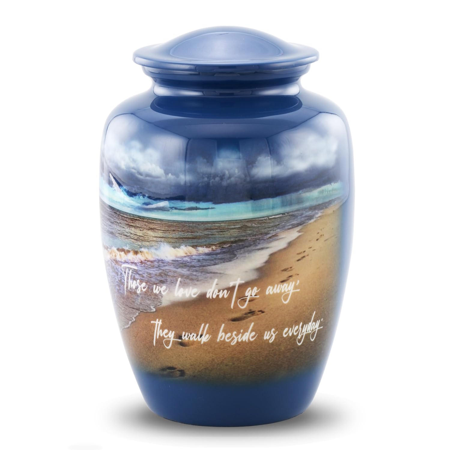 Photo 1 of Footprints Urn for Human Ashes – Decorative Funeral Urn for Adults, Ocean Blue Burial Urn for Ashes of Men & Women, Memorial Urn, Large Handcrafted Metal Cremation Urn with Velvet Bag