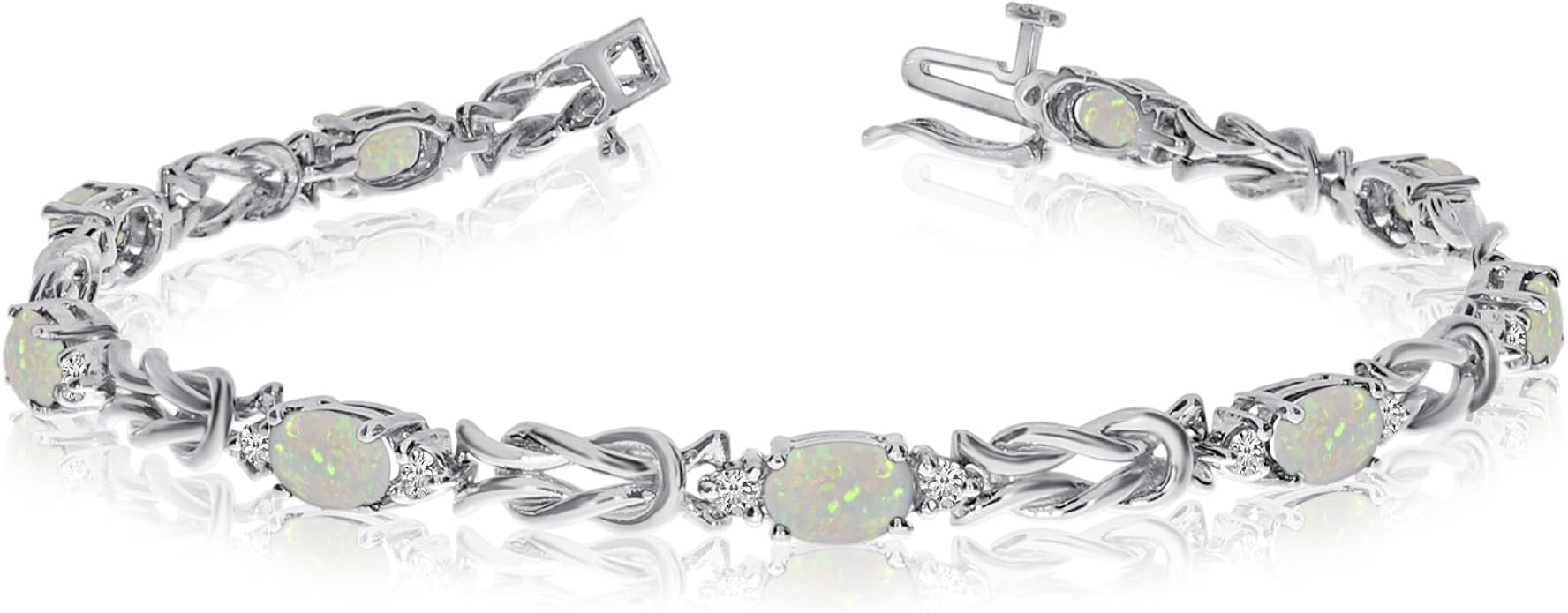 14k White Gold Natural Opal And Diamond Tennis Bracelet (6