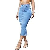 Foresi Women's Long Jean Skirts Stretch Denim Midi Skirts with Back Slit Bodycon Mid Waisted A Line Dress with Pockets