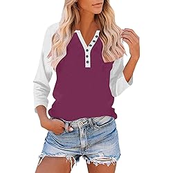 3/4 Length Sleeve Womens Tops Cotton Dressy V Neck