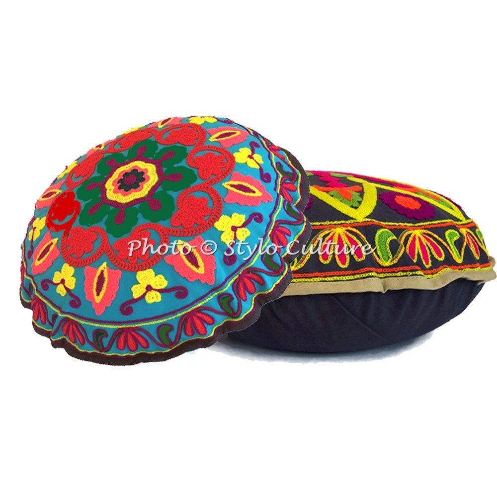 Stylo Culture Ethnic Floor Cushion Cover Round Reading Nook Throw Pillow Cover Multicoloured 45x45 cm Sujani Embroidered Hallway Boho Small 18 Inch Hallway Cotton Floral Seating Pouffe Cover