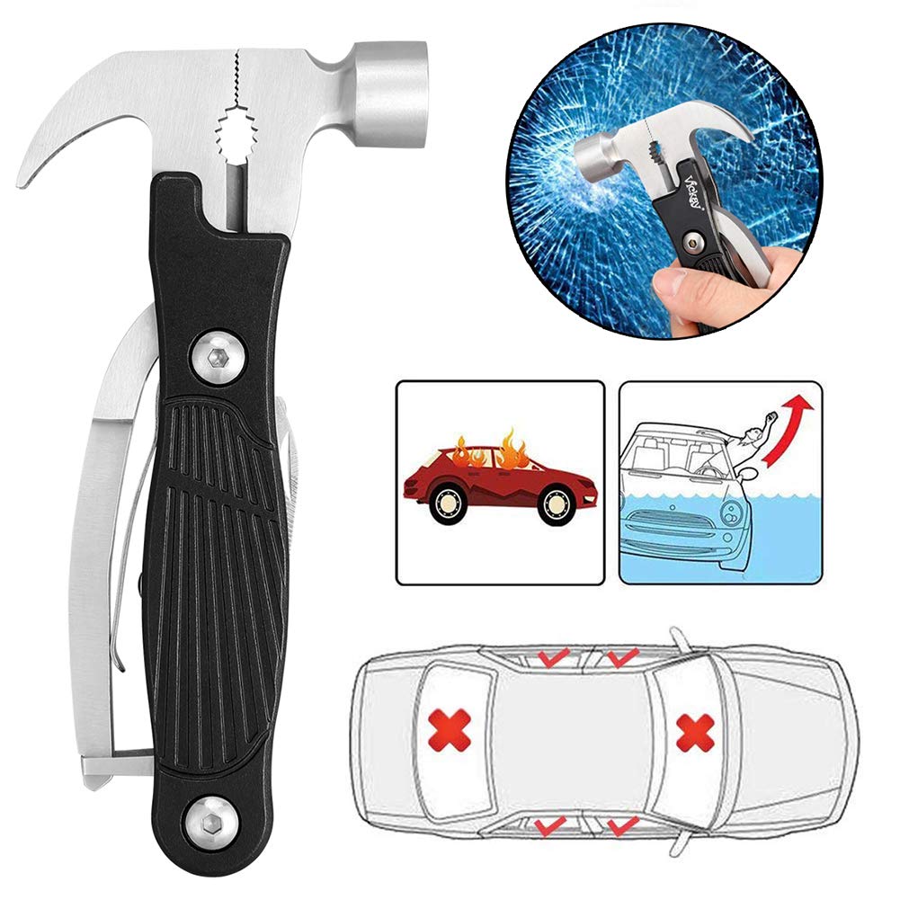 Multitool Hammer, 12 in 1 Multi tool Stainless Steel Emergency Car Survival Kit Outdoor- Camping Tool With Hammer, Saw,Knife, Screwdriver, Bottle Opener -Best Father’s Day Gift(Black)