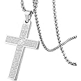 Cross Necklace Pendant Car Mirror Hanging Accessories, Stainless Steel Cross Car Rear View Charm with Bible Verse for Car, Truck, Home, Hanging Cross Car Ornament for Men Women (Silver)