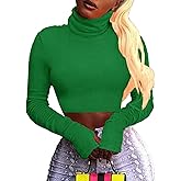 Artfish Women Long Sleeve Turtleneck Crop Tops Neon Ribbed Half Tight Cropped Sweaters Pullovers