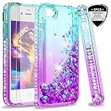 iPhone 4S Case with Tempered Glass Screen Protector [2 Pack] for Girls Women,LeYi Cute Shiny Glitter Moving Quicksand Clear TPU Protective Phone Case Cover for Apple iPhone 4/ 4S/ 4G ZX Teal/Purple