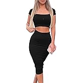 Kaximil Women's Sexy Bodycon Midi Club Dresses Basic Casual 2 Piece Outfits Crop Top Skirt Set