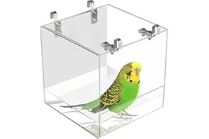 Xxmbbjy Hanging Cube Bird Bath Cage, Transparent Bird Bathtub Bath Shower with Stainless Steel Hooks for Small Bird Canary Parakeet Budgerigar Parrots Crested Myna Cockatiel Lovebird (Small)
