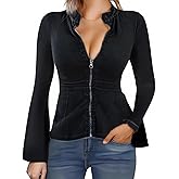 Lynroxia Casual Denim Peplum Jacket for Women Long Sleeve Zip Front Athletic Workout Ruffle Blazer Coats