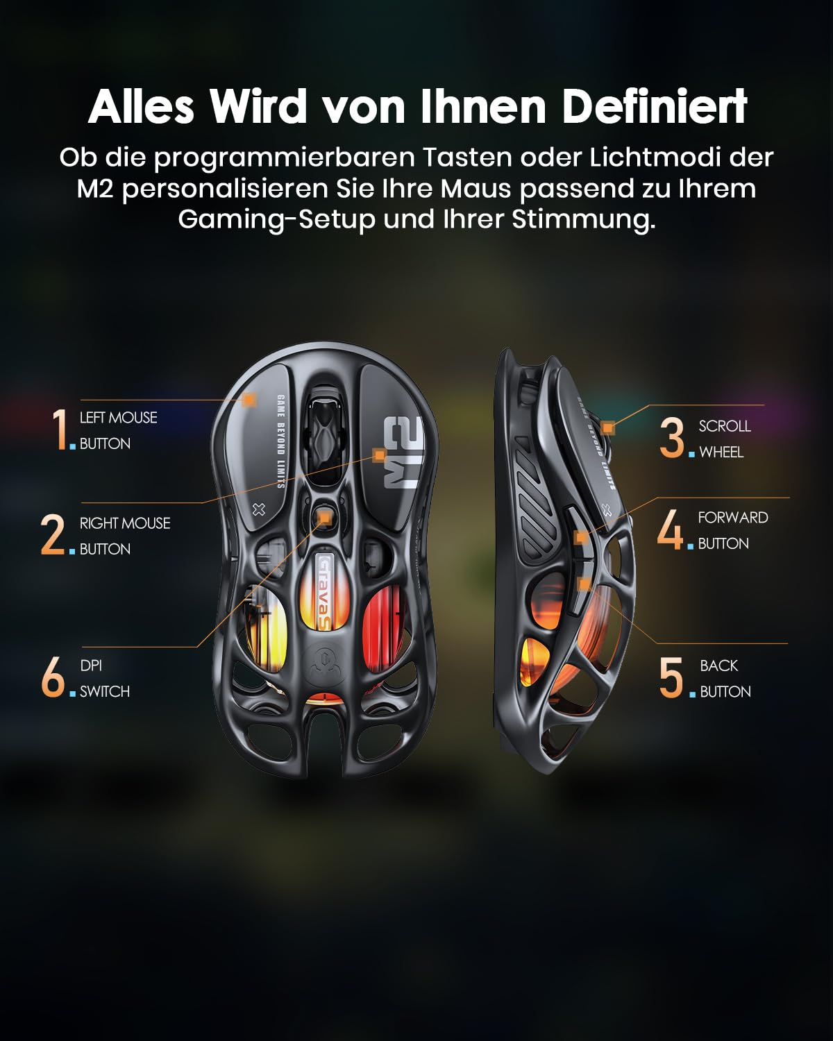 GravaStar Mercury M2 Gaming Maus Kabellos mit 26.000 DPI, PAW3395 DM Sensor, 79 g Ultraleicht, 5 RGB-Modi, 5 programmierbare Tasten, Tri-Mode (2,4 GHz/Bluetooth/Kabel), für PC/Mac – Schwarz 6