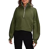 Heltapy Womens Sweatshirts Half Zipper Crop Pullover Funnel Neck Fleece Lined Zip Up Long Sleeve Tops Thumb Hole Army Green