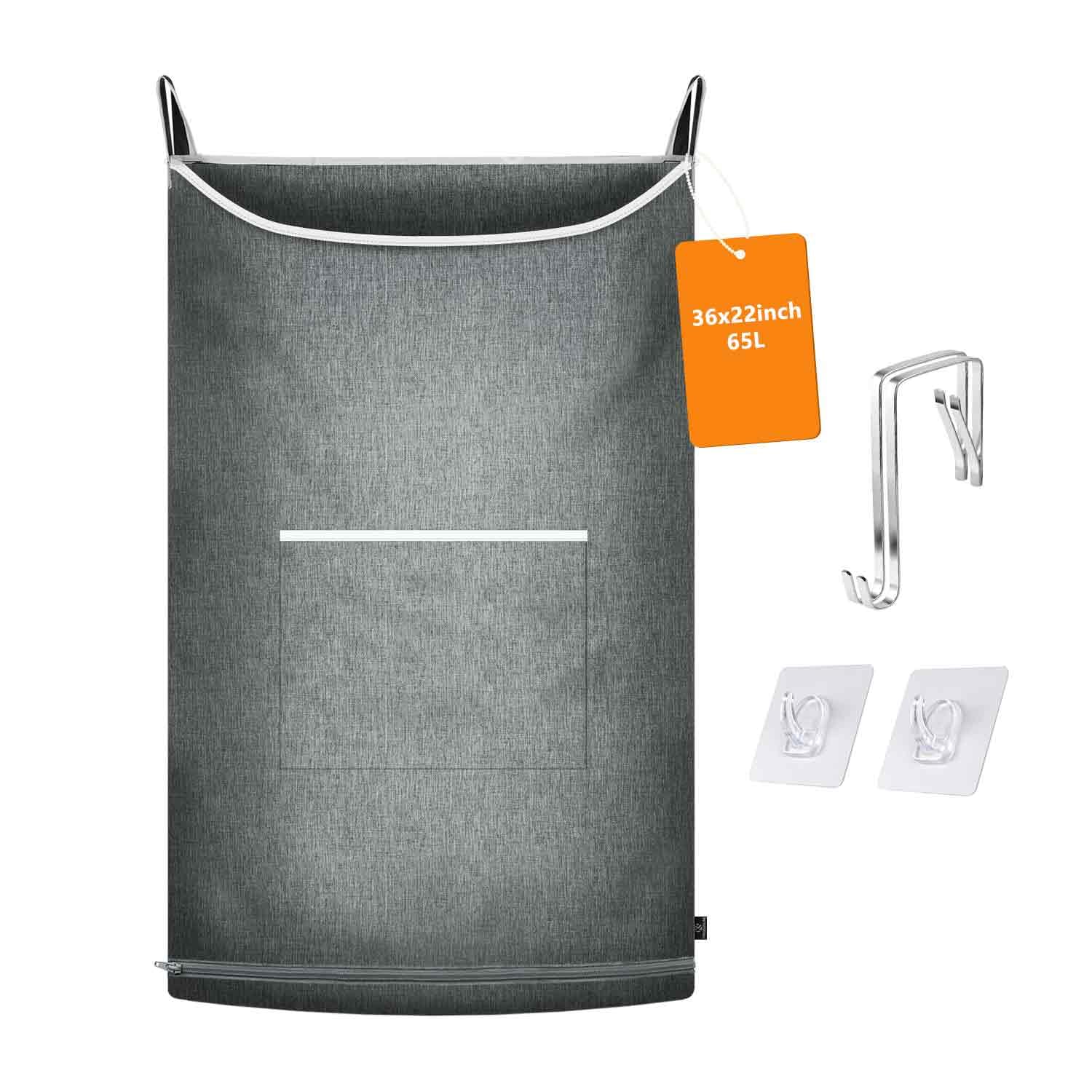 KINGSUSLAY Hanging on Laundry Bag, Collapsible Hanging Washing Basket，X-Large Capacity Door Hanging Laundry Bag and Door Laundry Basket for Dirty Laundry(89 x 56CM, Mid Heather Grey)