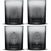 JoyJolt Star Wars Dark Side Drinking Glasses Set of 4, 14oz Short Glass Cups, Lowball Glass Tumbler Set ft Darth Vader Darth Maul Kylo Ren and General Grievous, Star Wars Stuff