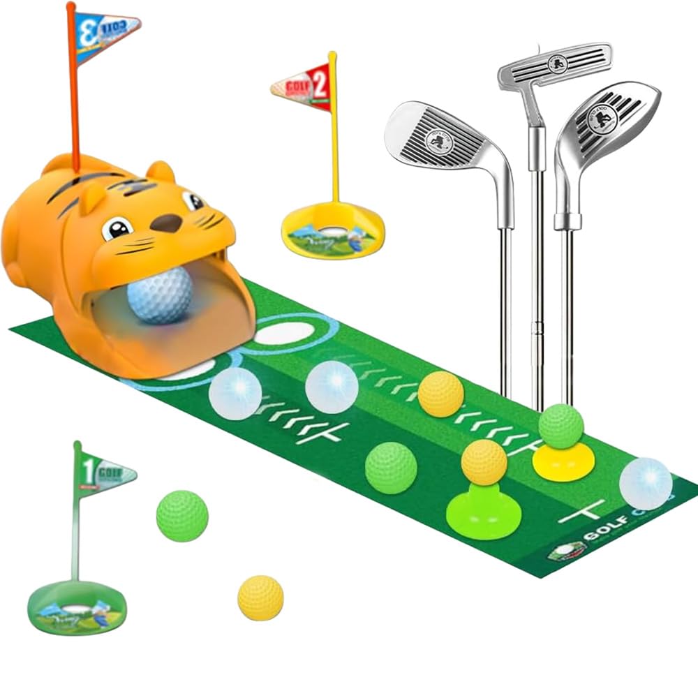 Upgraded Kids Toy Golf Set with Dinosaur Automatic Ball Returner, Led Light Up Golf Balls, Mini Golf Toy for 3-8 Toddler, 3 Clubs, Putting Mat, Indoor Outdoor Sport Toys Gifts for Boys Girls Aged 3+