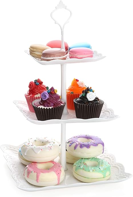 Amazon Nuovoware 3段ケーキスタンド フルーツデザートカップケーキ キャンディビュッフェ プラスチックプレートスタンド サービングプラッター ディスプレイ ツリータワースタンド 結婚式 ホームバースデー フェスティバルパーティー 3段正方形 P